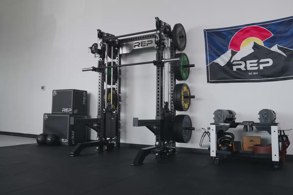 Video of Metallic Black Front Foot Extension Pair 2.0 in use on REP branded power rack